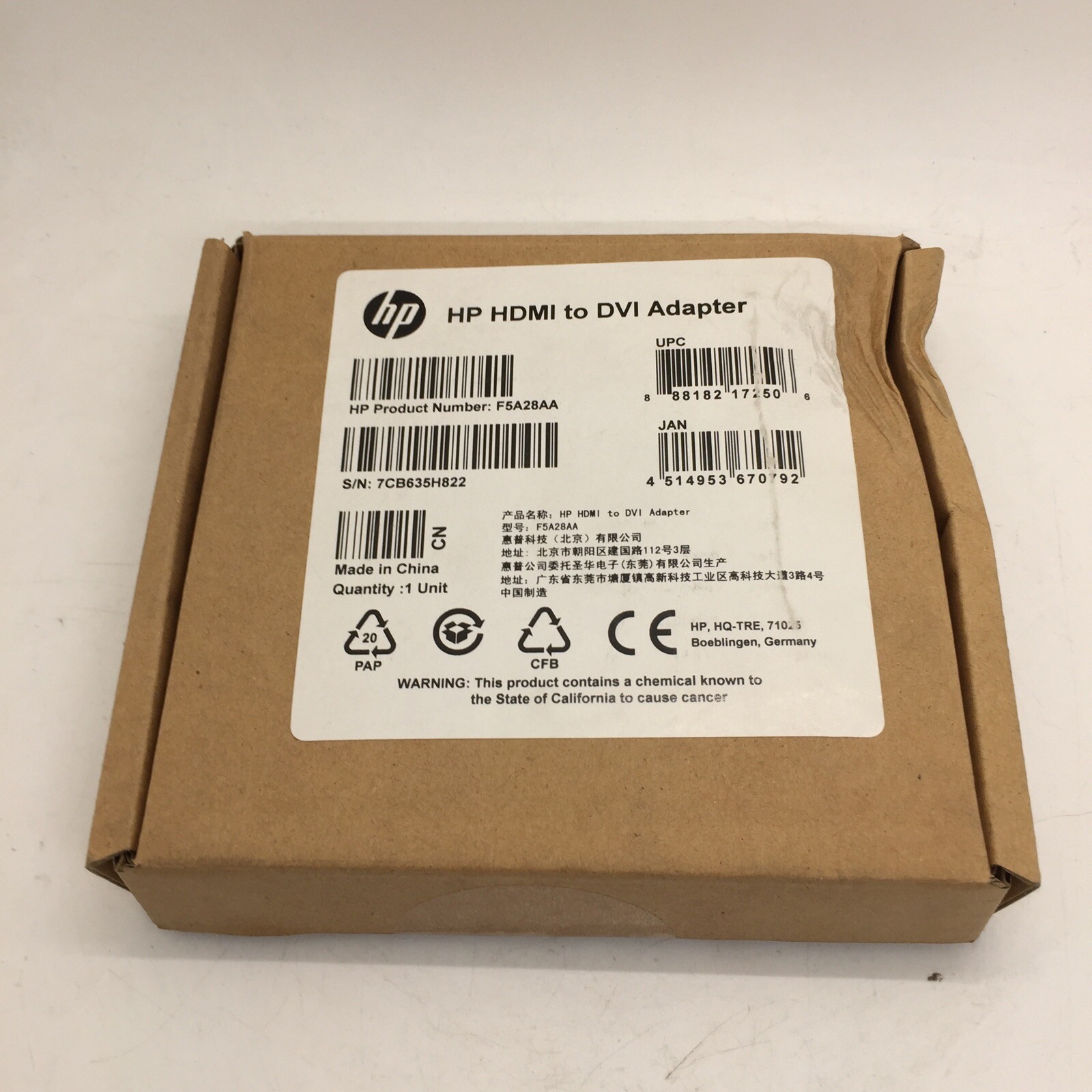 NEW HP HDMI to DVI Adapter F5A28AA