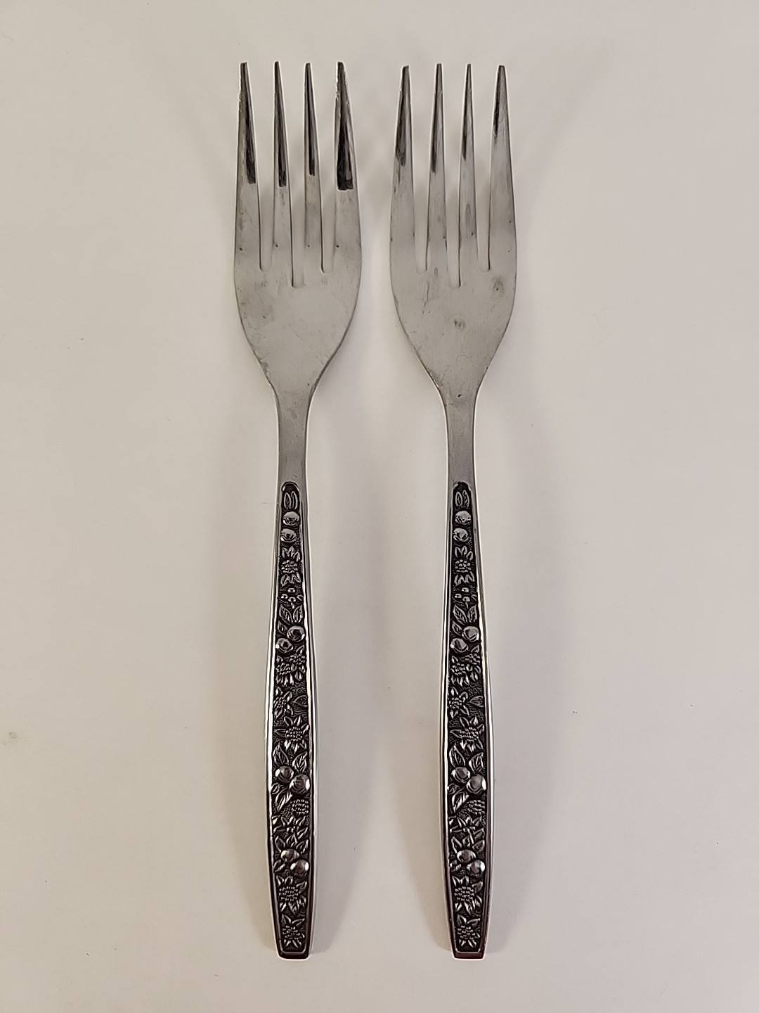 2 Salad Forks Stainless Steel Pageant Harvest Fruit Embossed Japan 6 3/4"