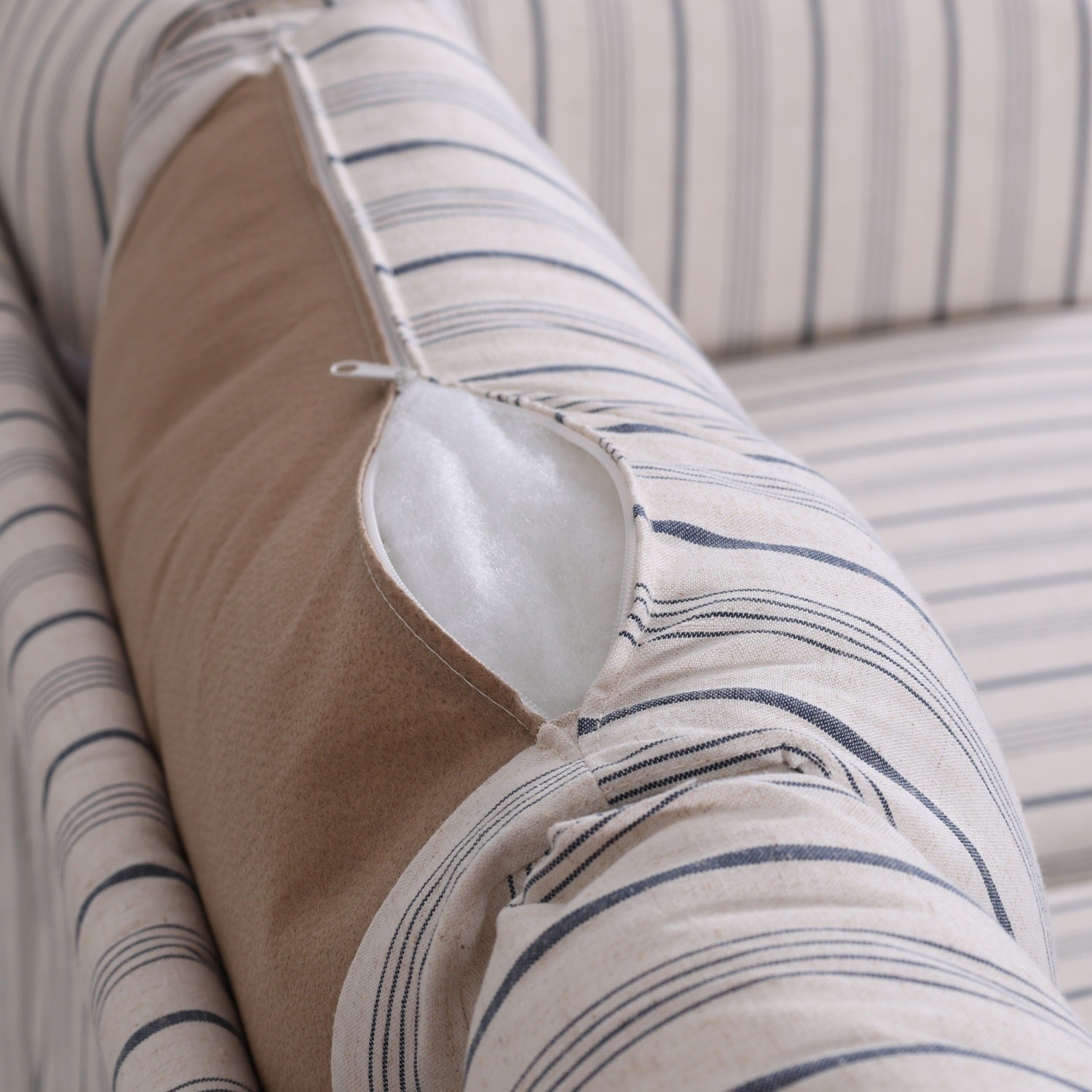 Modern Blue White Stripe 3 Seater Sofa Fabric Armrest Couch with Solid Wood Legs