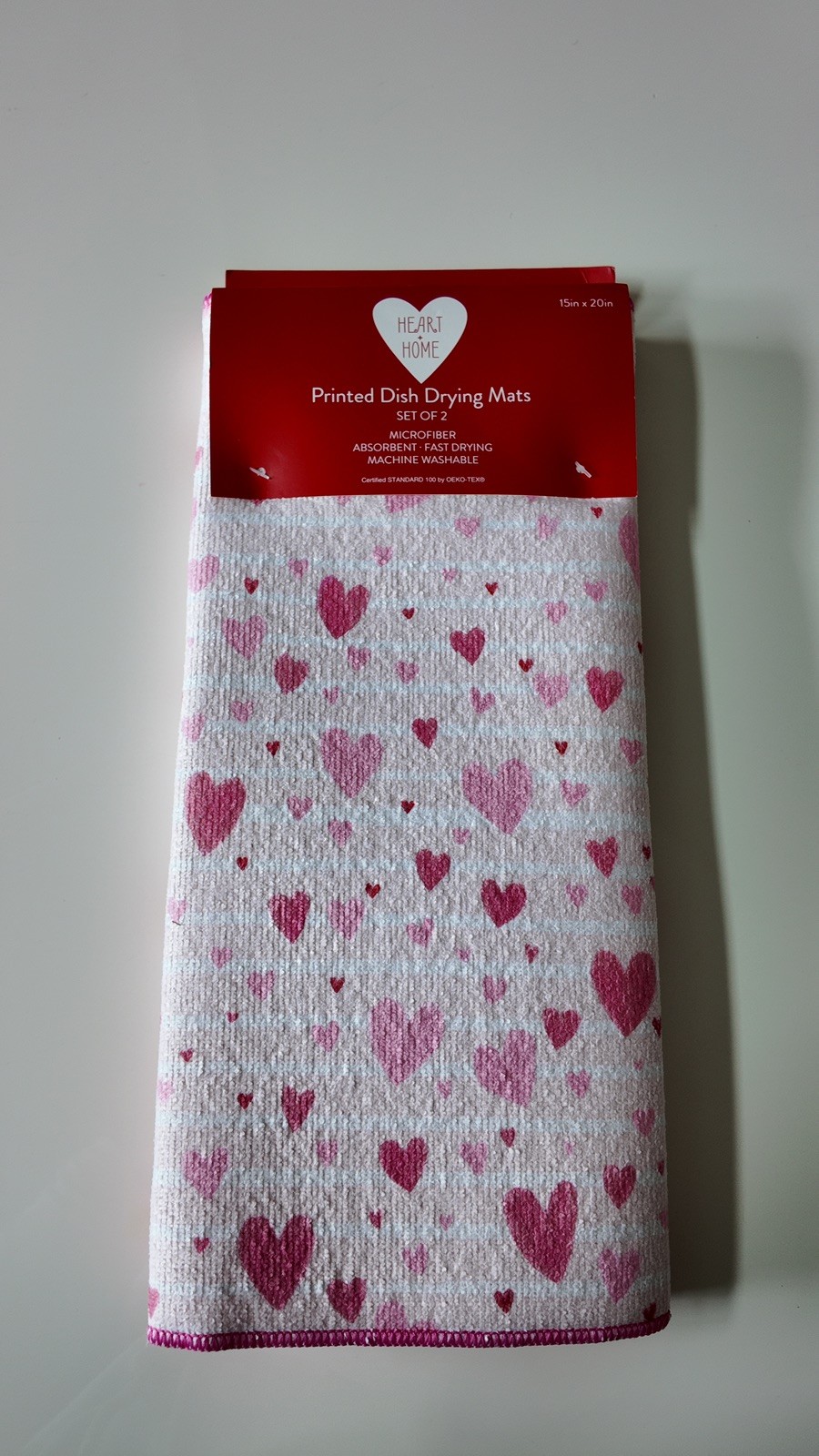 HEARTS + HOME DRYING MATS (2) HEARTS PINK STRIPED  15 X 20 MICROFIBER NIP