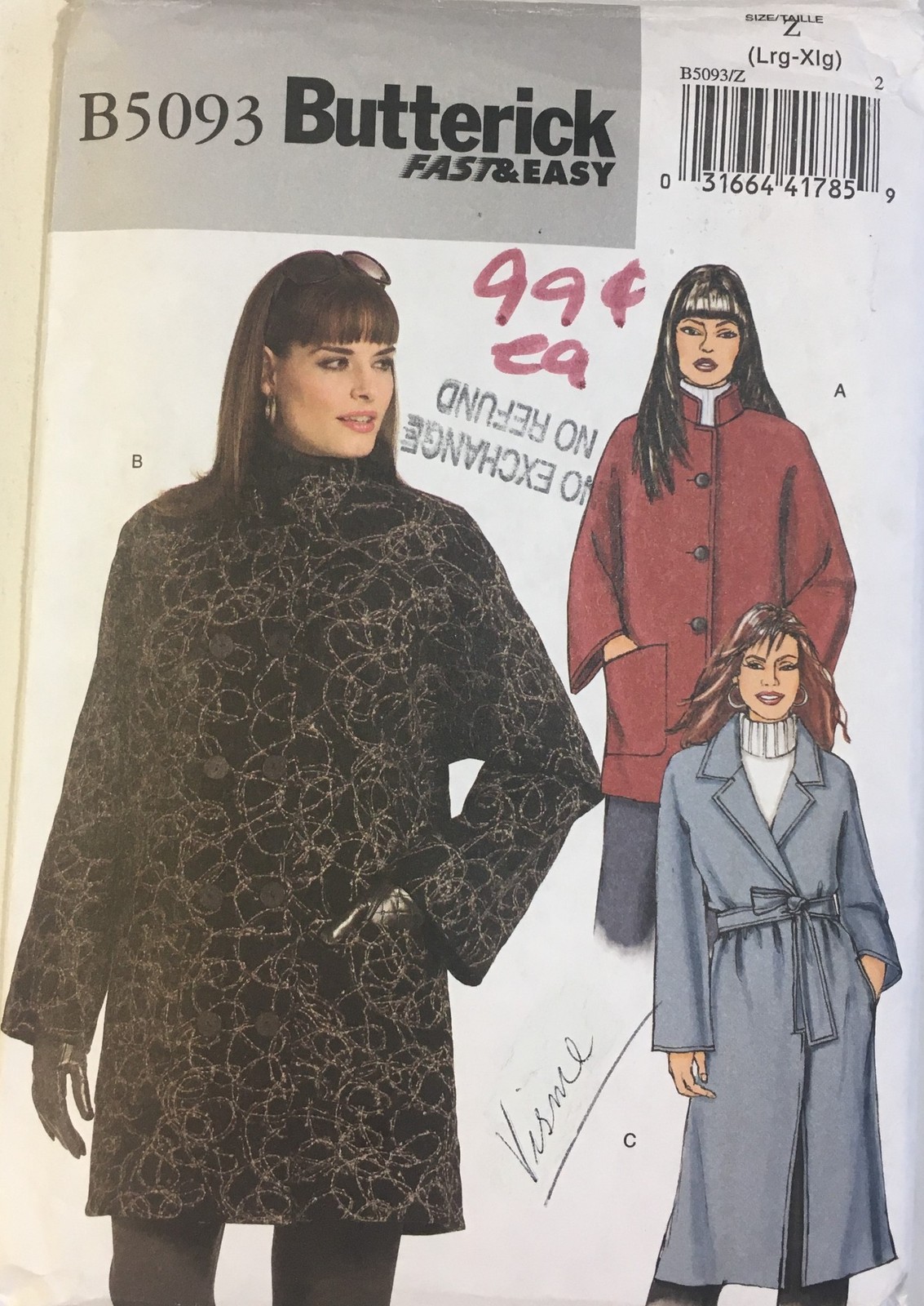 Butterick Sewing Pattern 5093, sz Lrg-Xlg (16-22) Coat and Belt
