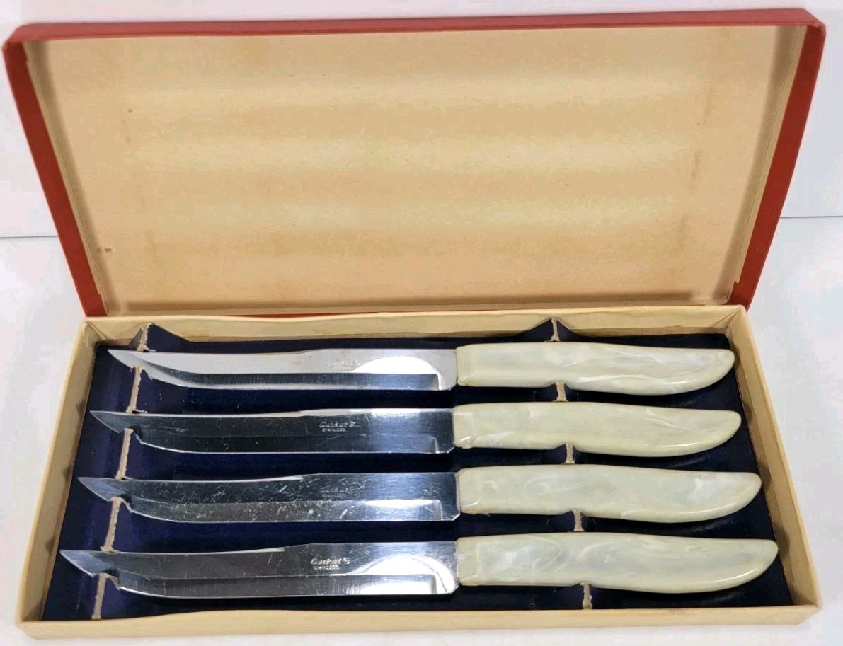 Vintage Steak Knife Set - SET OF 4 - Acrylic White Pearl Handles - Quikut