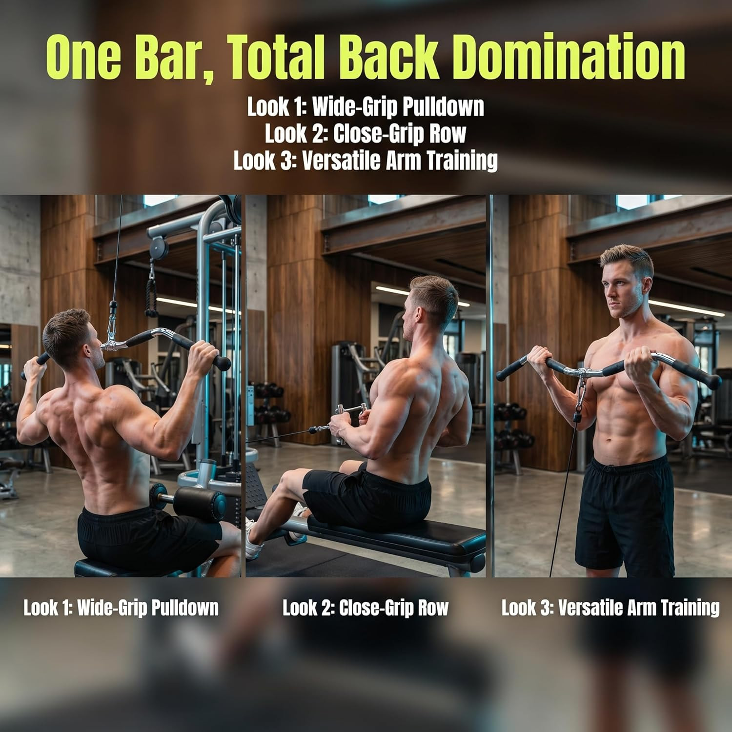 Lat Bar Cable Machine Attachment, Curl Pulldown Bar with Full Rotation and Rubbe
