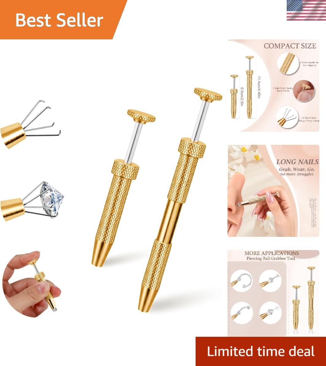 Compact Anti-Slip 4 Claw Jewelry Change Tool Set - Gold Stainless Steel Grabbers