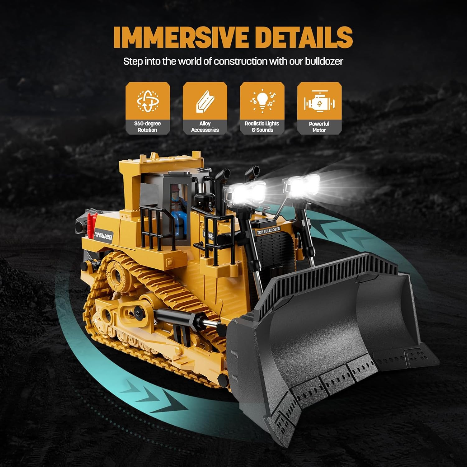 Metal RC Bulldozer Toy for Kids | 9-Channel Remote Control Track-Type Tractor wi