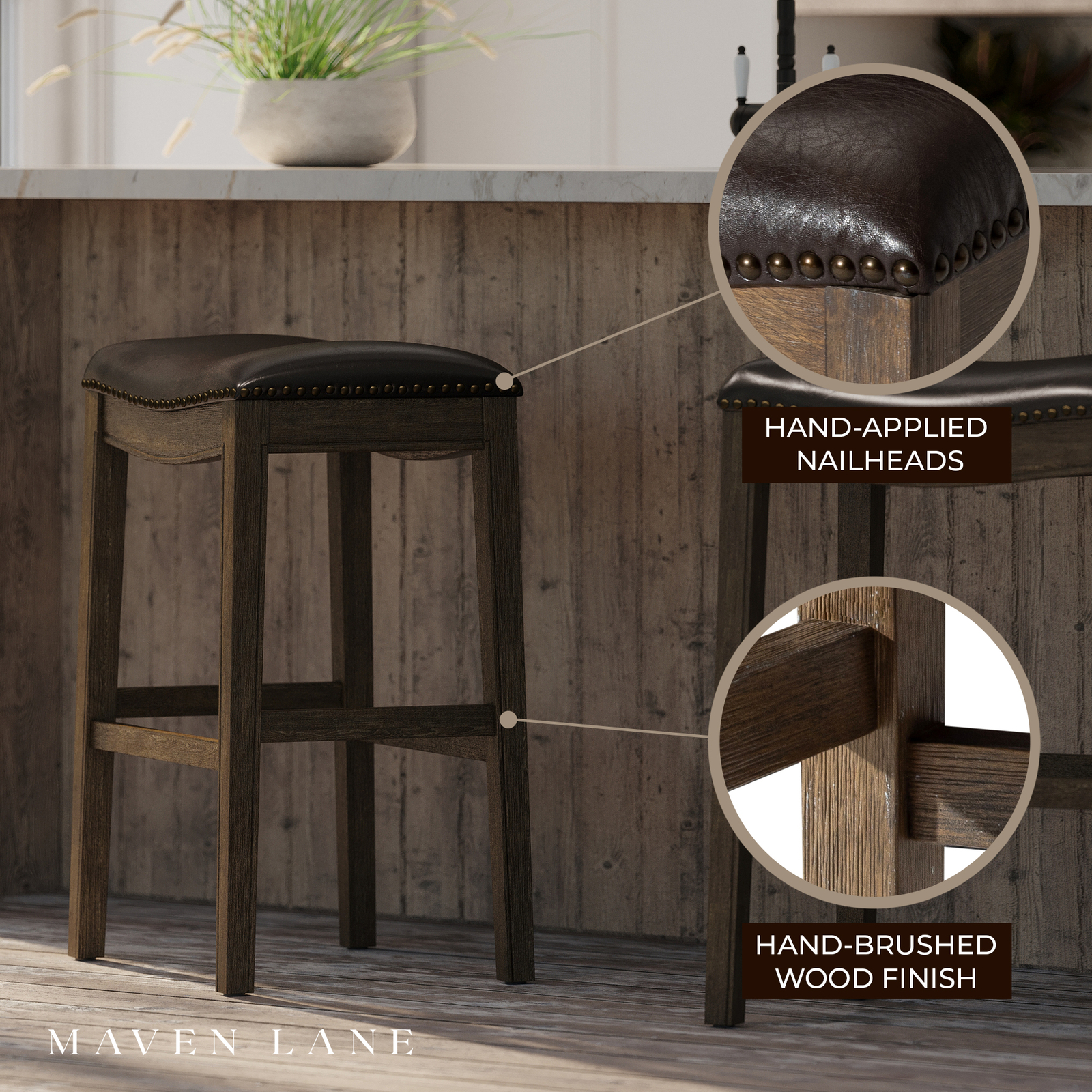 Maven Lane Adrien Saddle Barstool in Walnut Finish w/Saddle Vegan Leather (Used)