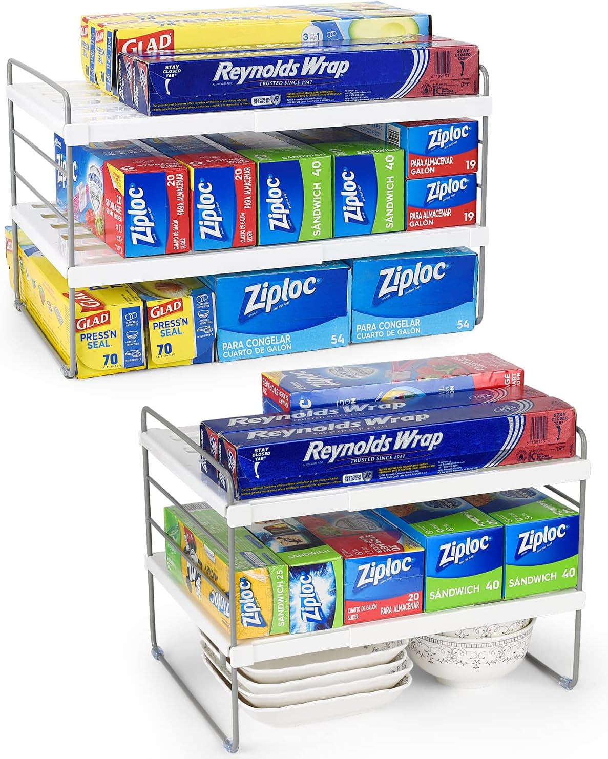 2 Pack Expandable Kitchen Wrap Organizer Rack, Height & Width Adjustable Aluminu