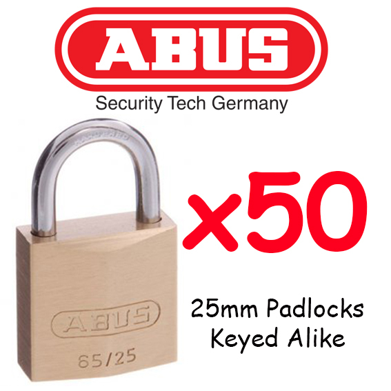 Padlocks ABUS Brass 25mm x50  Keyed Alike High quality + 100 Keys MEGA PACK !!