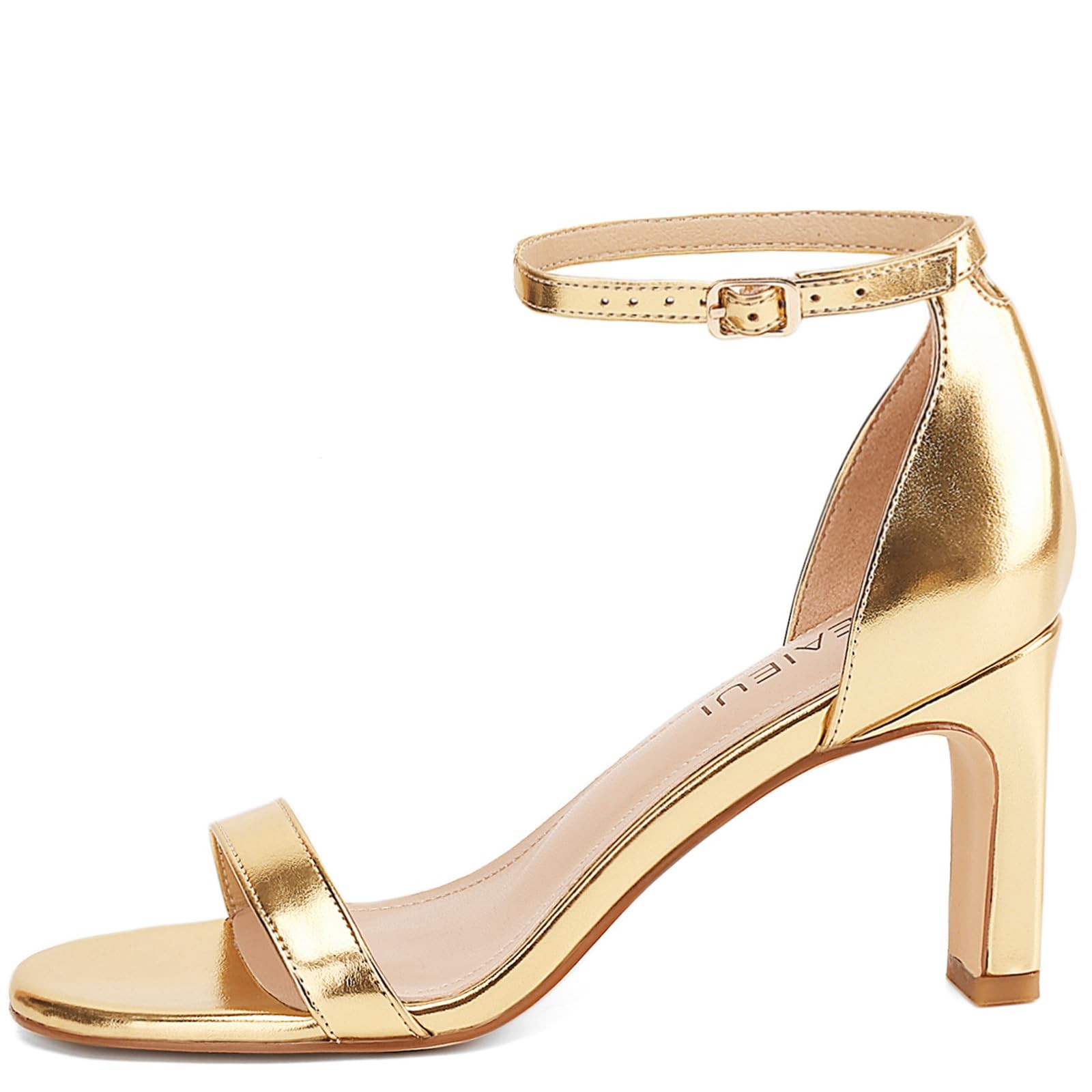 TEAIEUI Gold Heels for Women Open Toe Heeled Sandals Chunky 7, Aa-gold