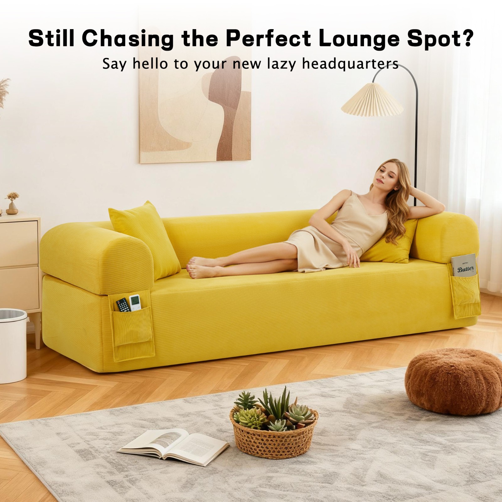 2 in 1 Folding Convertible Sofa Bed, Boneless Compression Sofa with Side Pocket