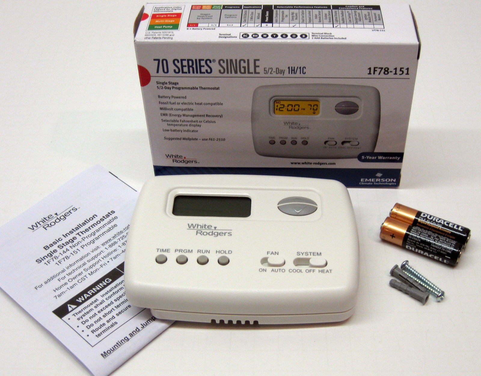 1F78-151 White Rodgers Wall Thermostat 24V Millivolt Battery Programmable 5+2