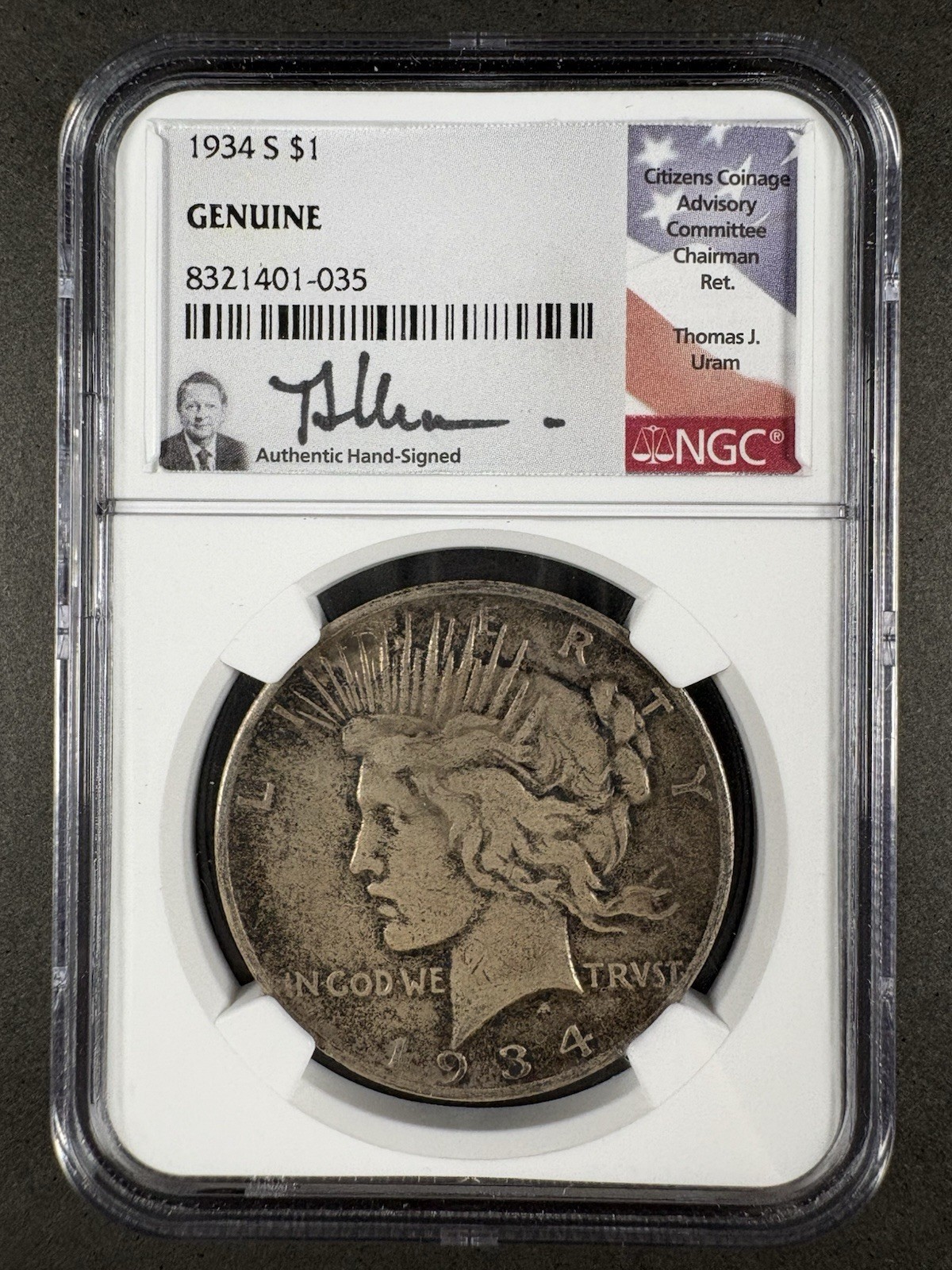 1934 S Peace Silver Dollar NGC Genuine Hand Signed Thomas J. Uram Semi-Key Date