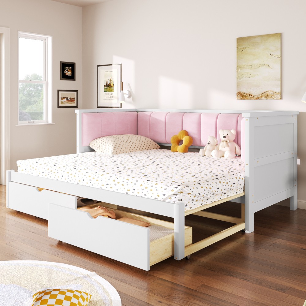 Pink & White Velvet Daybed Twin XL to King w/ Storage & Backrest