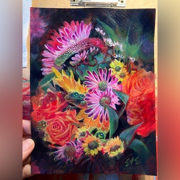 Original painting frog Ladybugs NEW Mixed Media Floral Signed 2026 Art artettina