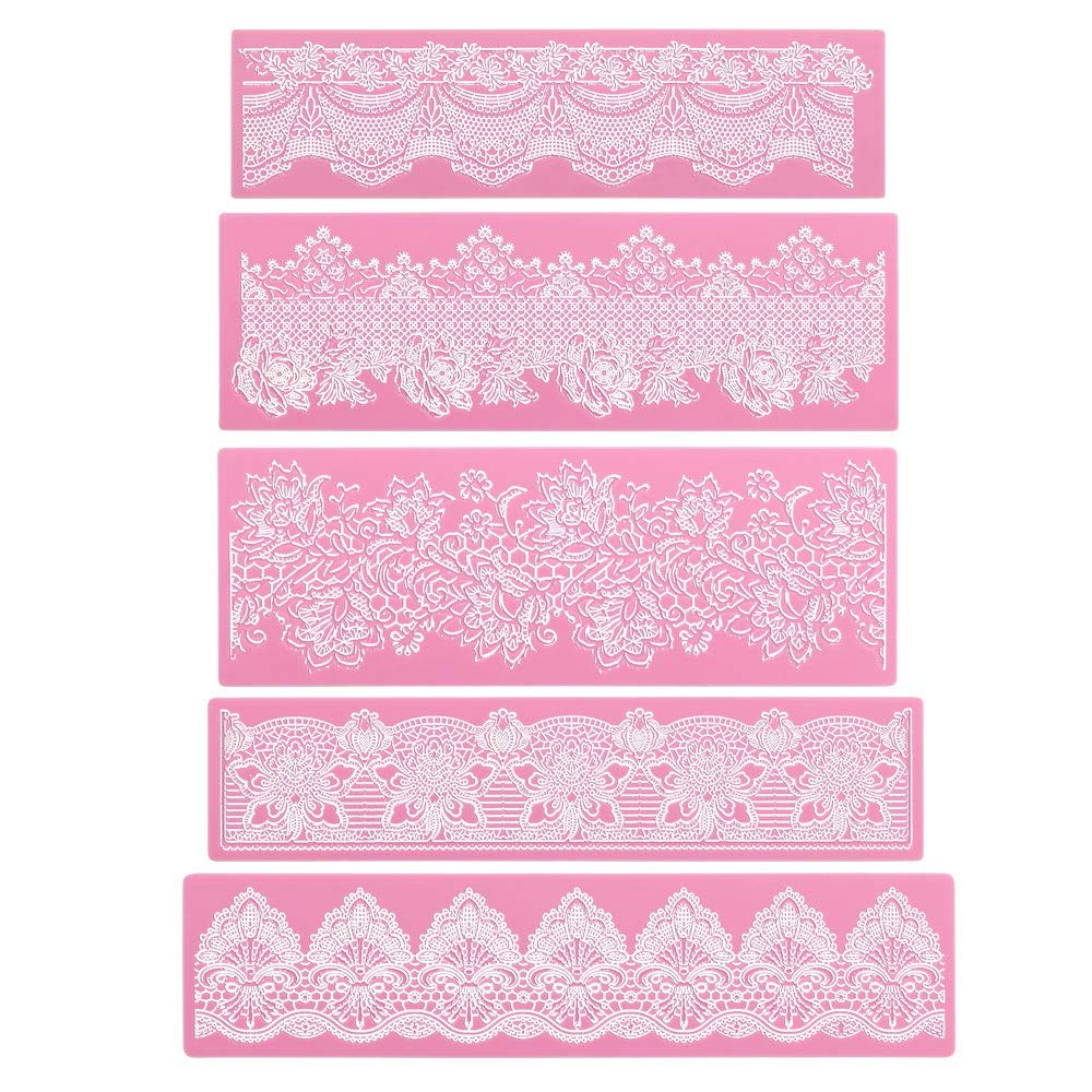 Beasea Lace Molds Cake Decorating, 5pcs Silicone Fondant Lace Mats Pink Flower