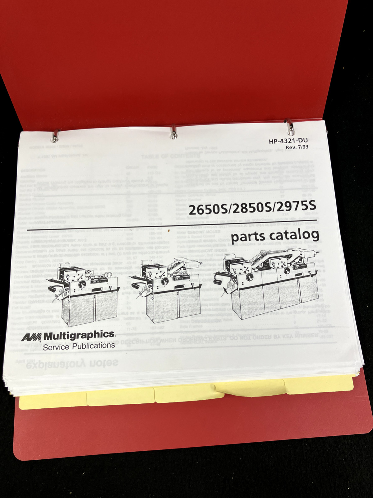 AM MULTIGRAPHICS 2650S /2850S/2975S PARTS CATALOG HP-4321-DU, 7/93 3 RING BINDER