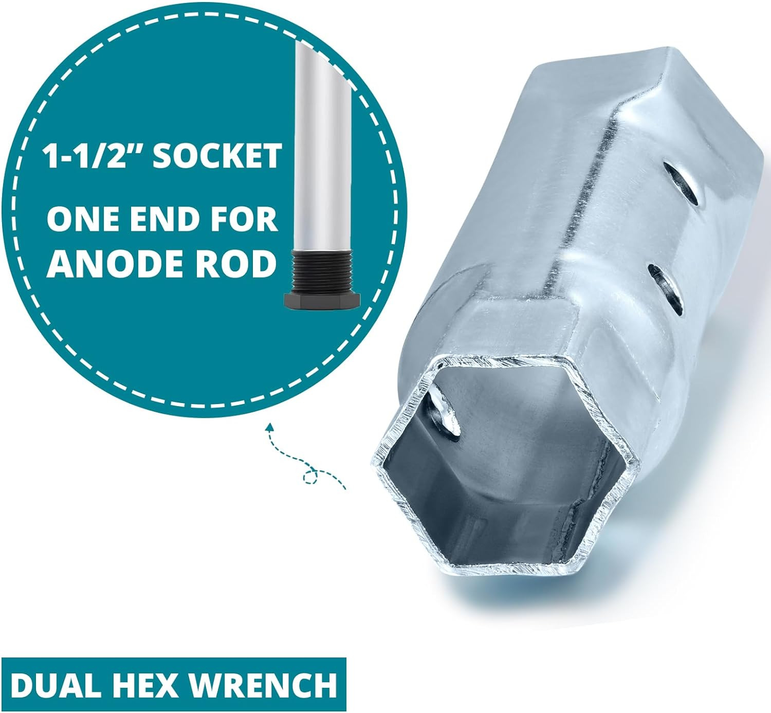 Dual Hex Wrench Removal Tool for Anode Rod and Water Heater Element, 1-1/16 in X