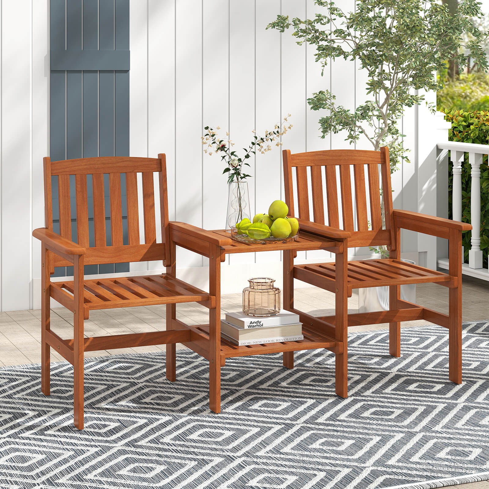 Outdoor Wood Bench Loveseat with Built-in Table 1.57" Umbrella Hole for Porch