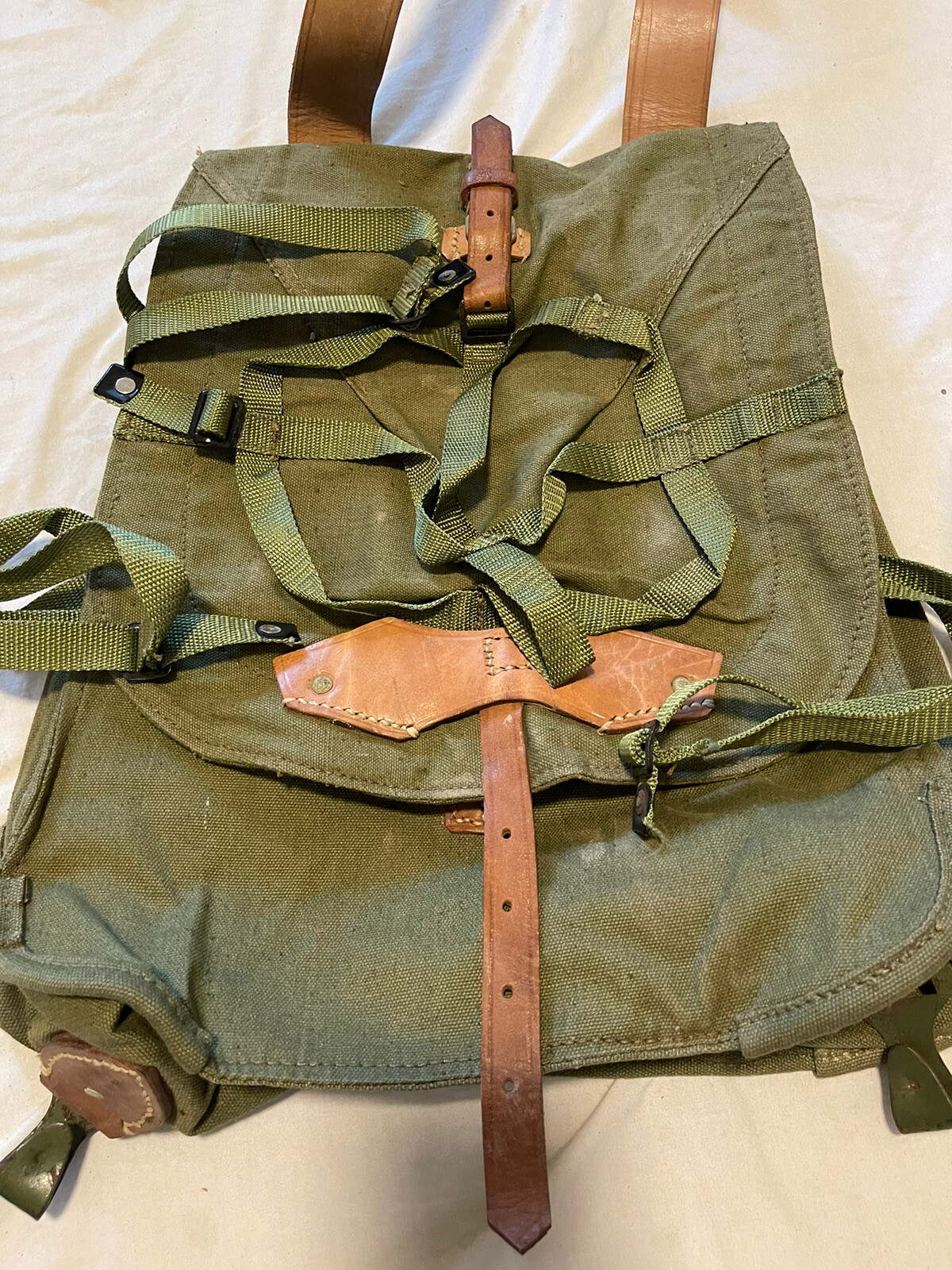 Vintage Romanian Army Canvas Backpack With Leather Shoulder Straps.