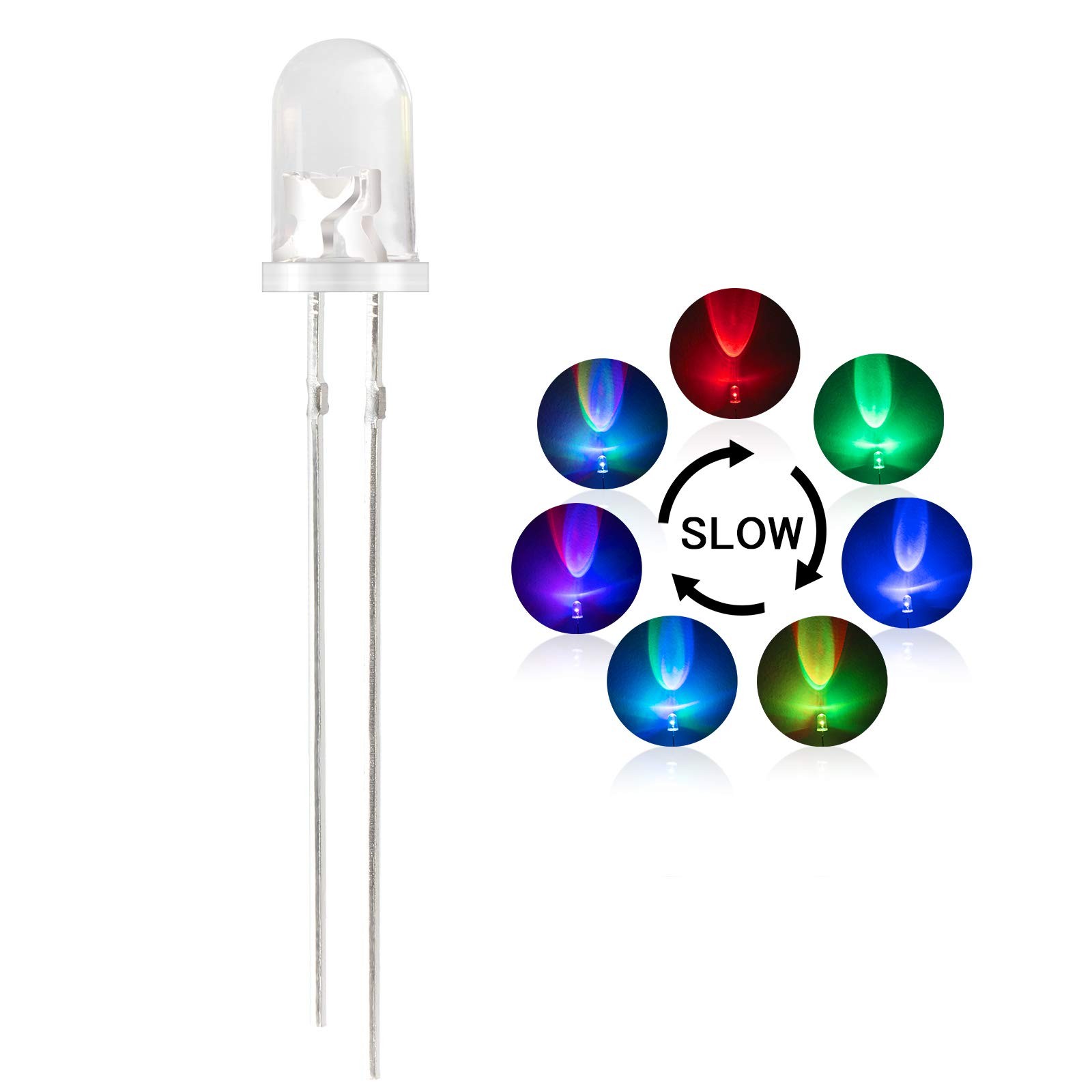 DiCUNO 100pcs 5mm RGB Multicolor Slow Flashing LED Diode, Multi-Color White