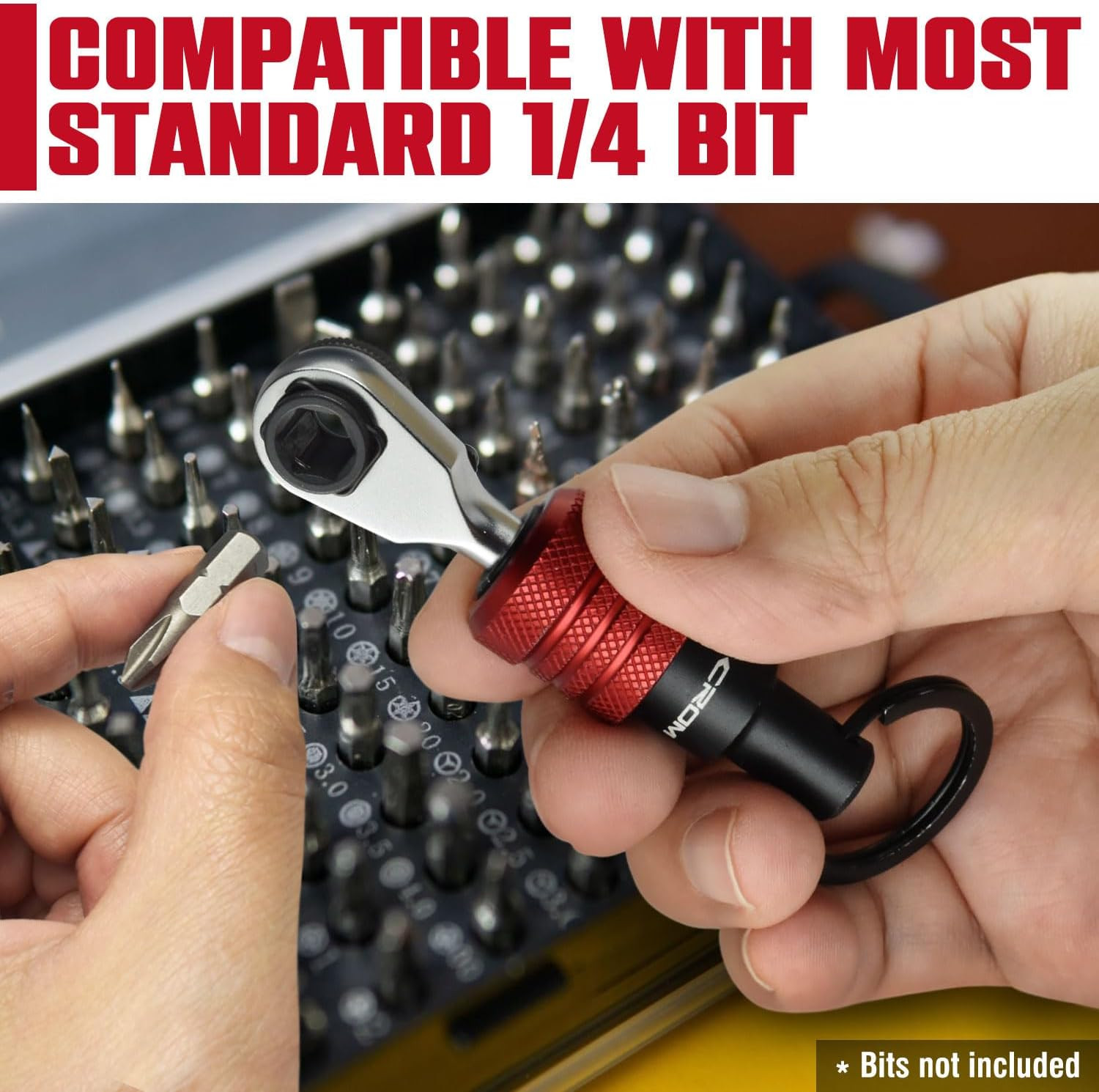 EDC Mini Ratchet Wrench – 1/4-Inch Hex End Multitool Accessory with Bit Holder,