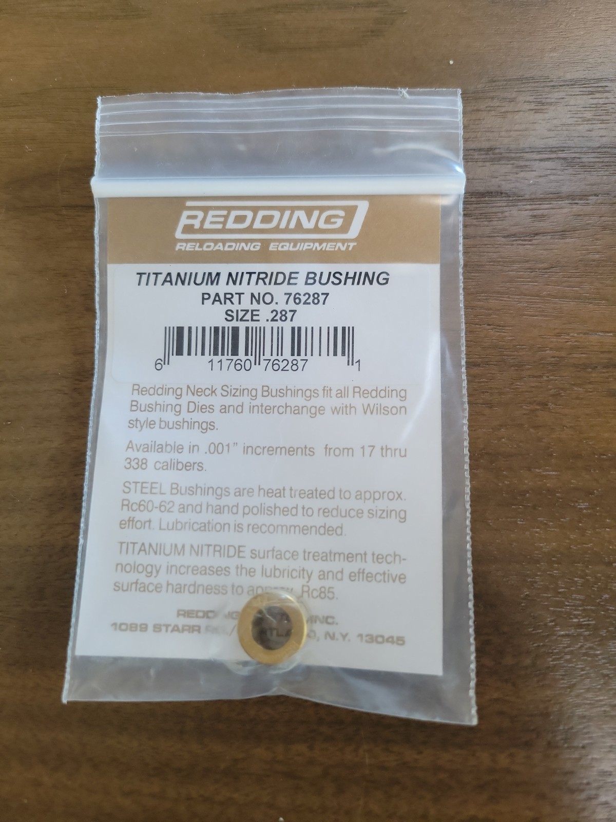 76287 REDDING TITANIUM NITRIDE .287 NECK SIZE BUSHING - BRAND NEW - FREE SHIP