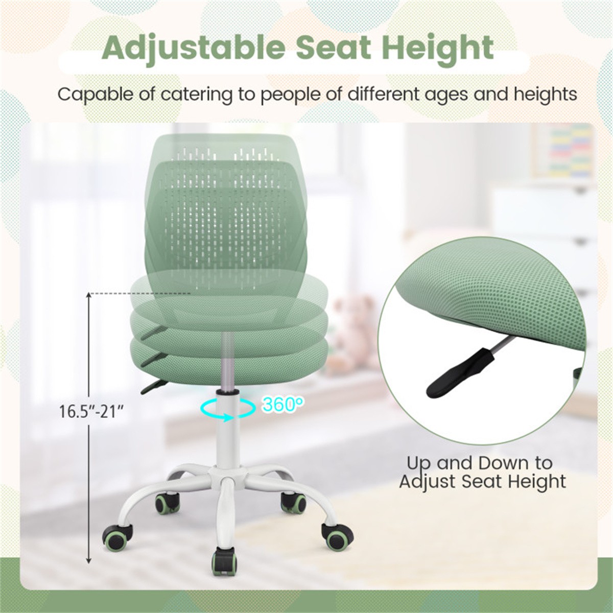 Kids Desk Chair Ergonomic Adjustable Height 16.5-21 Inch Mesh Study Swivel Green