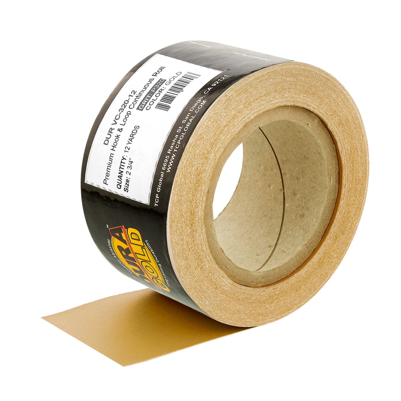 Dura-Gold 320 Grit Gold Longboard Sandpaper Roll 2-3/4" Wide, 12yds, Hook & Loop