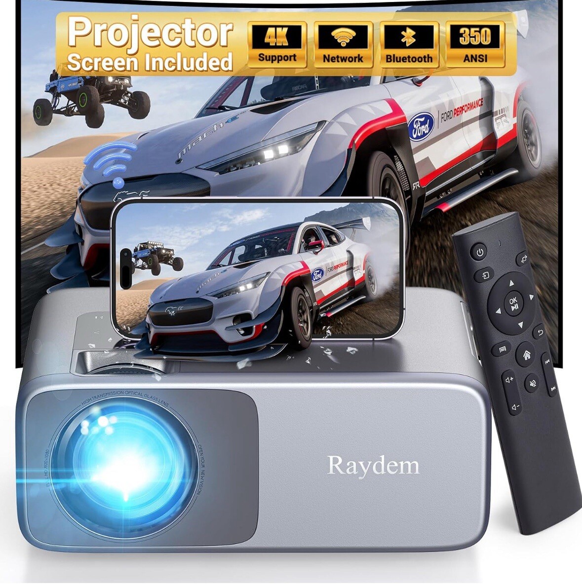 4K HD Projector 1080P WiFi Bluetooth Movie Video Theater & Screen Holiday Gift