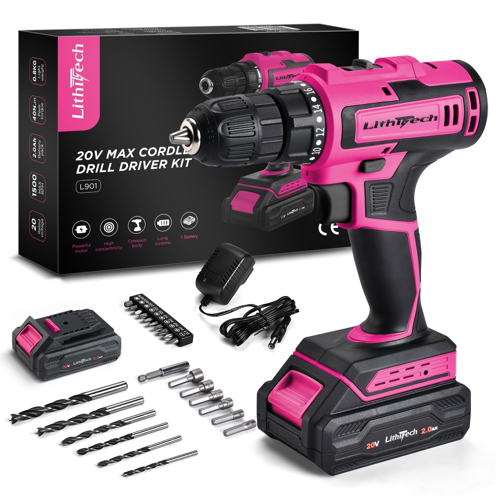 20V Pink Cordless Drill Set 2.0Ah Battery Charger 3/8" Chuck 354 InLb Torque
