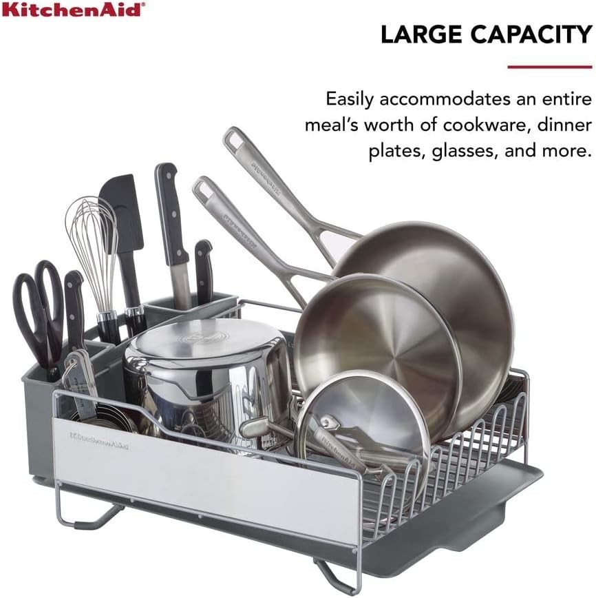 Dish Rack with Angled Drain Board and Removable Flatware Caddy, Light Grey
