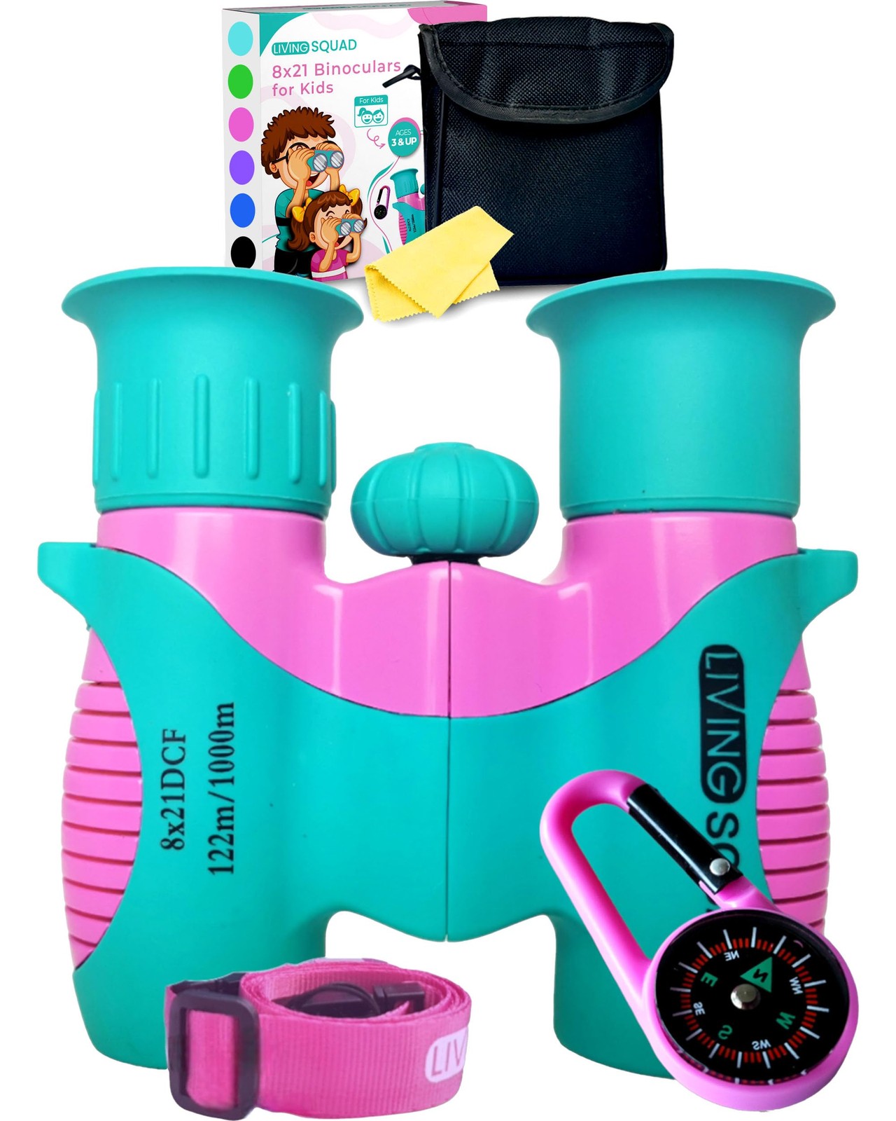 Kids Binoculars Black 8x21 Shockproof Set Ages 3–12 with 8X21, Turquoise/Pink