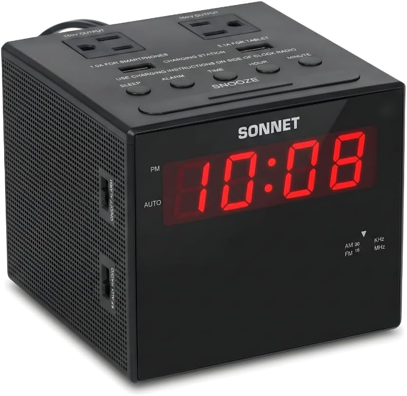 Alarm Clock Charging Station AM FM Radio Dual USB Charging Ports Dual AC Outlets