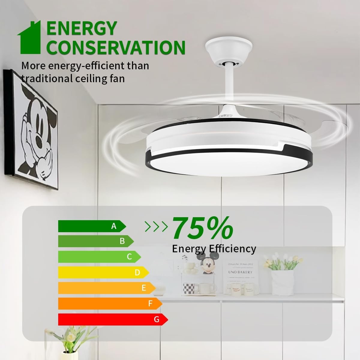 42" Smart Retractable Ceiling Fan Light with 3-Color Light & Remote, App Control