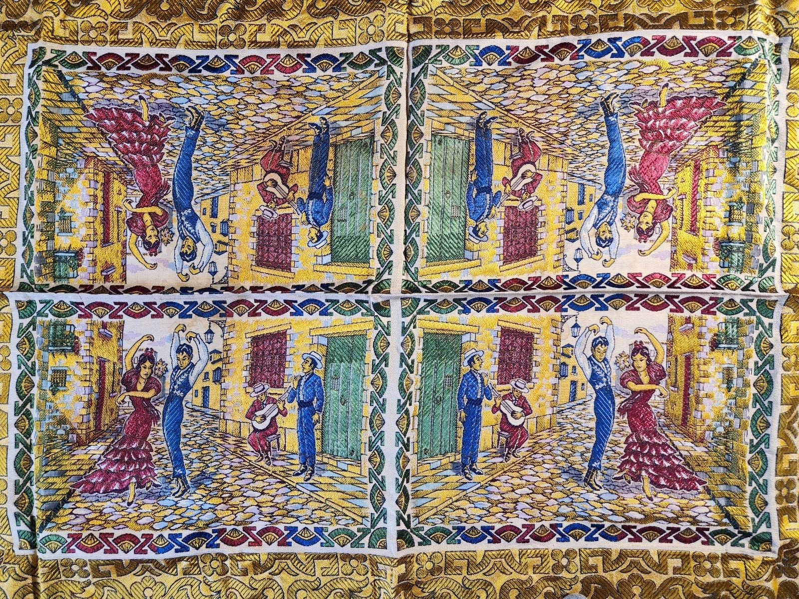 Vintage Spanish Dancers Gold Table Cloth Tapestry Wall Hanging w/ Fringe 48"x52"