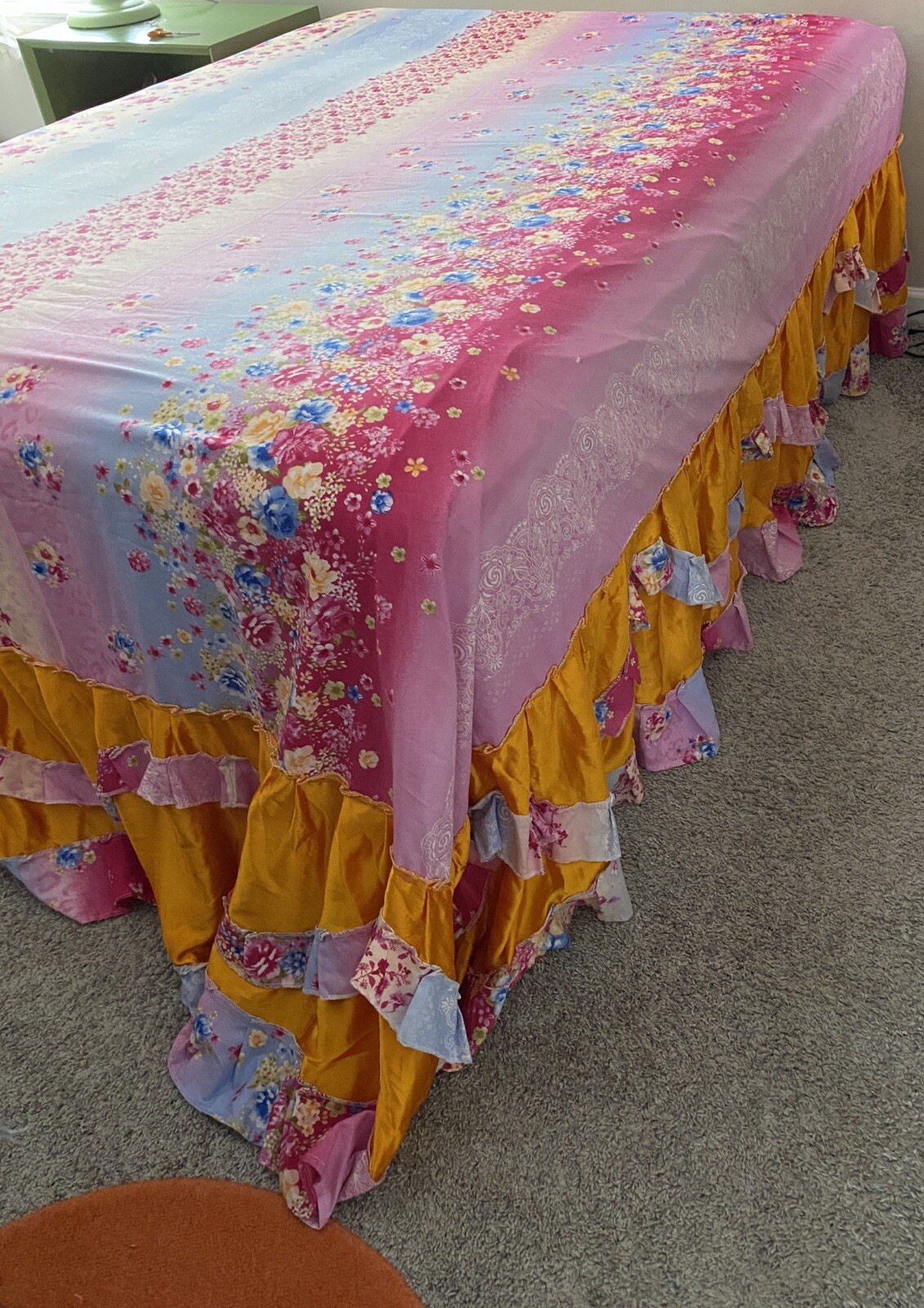 Boho CUTTER FABRIC vibrant tiered bed skirt dust ruffle flaws make a costume!