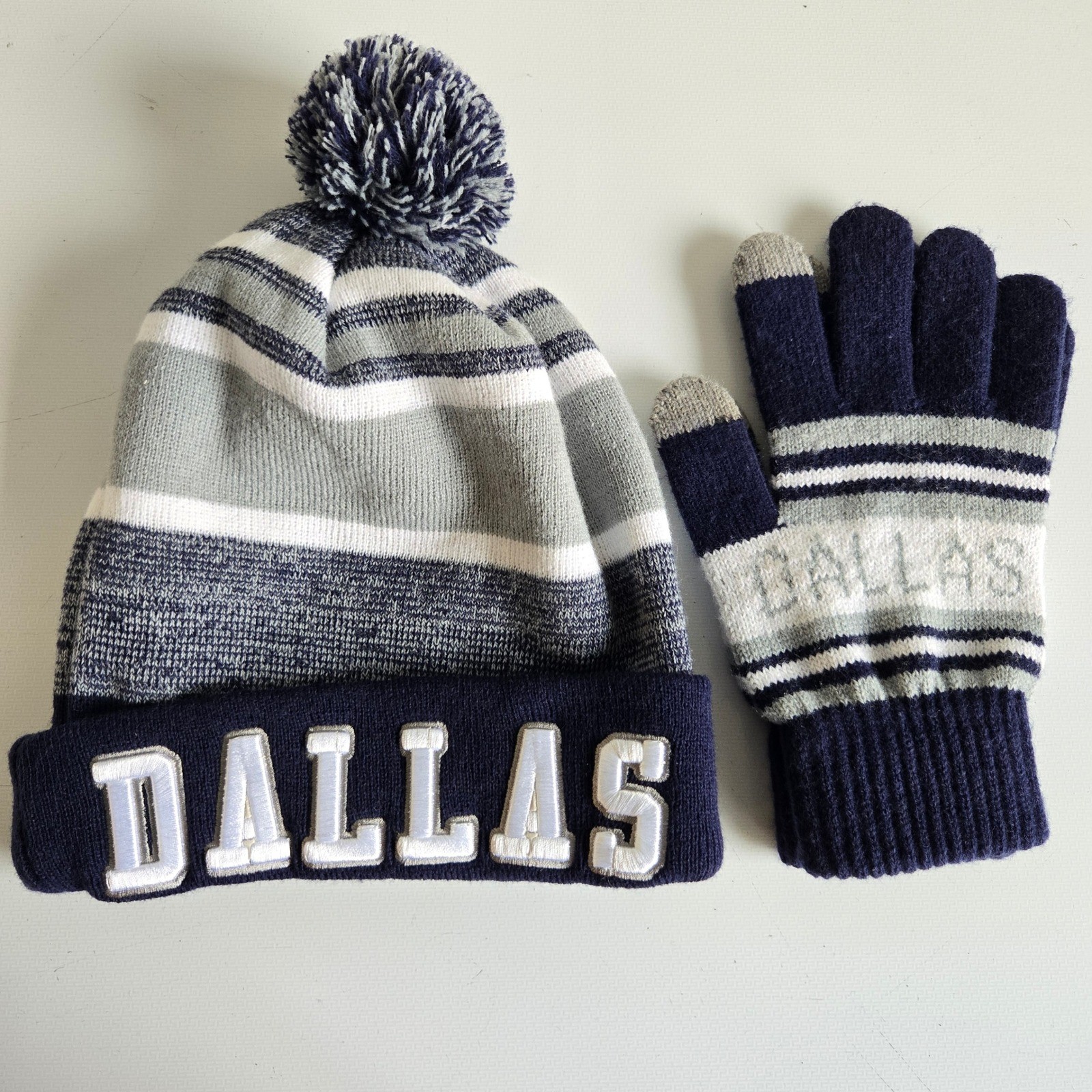 Veminei Dallas Beanie & Touchscreen Glove Set Navy Blue Grey Striped Pom Hat