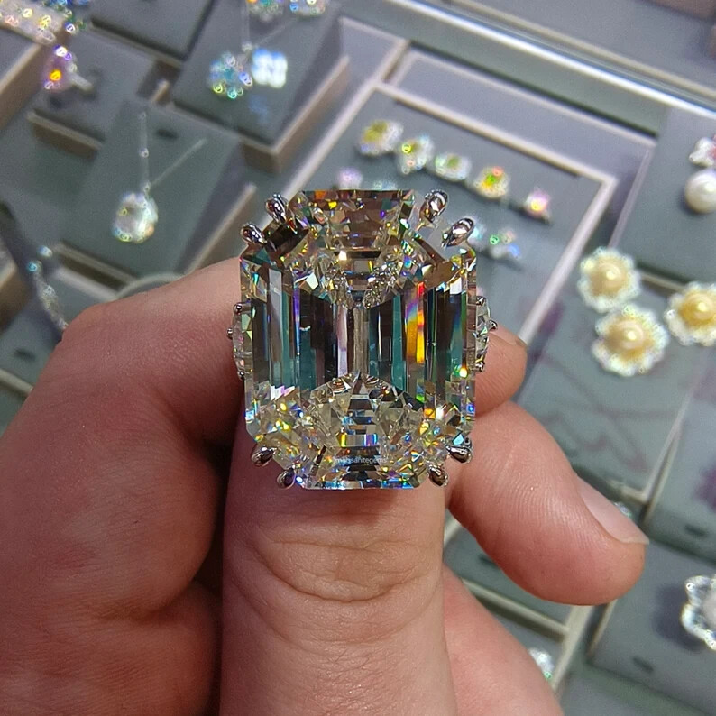 Huge 39.40CT Emerald & Pear Cut Simulated Sapphire 935 Silver Luxury Women Ring