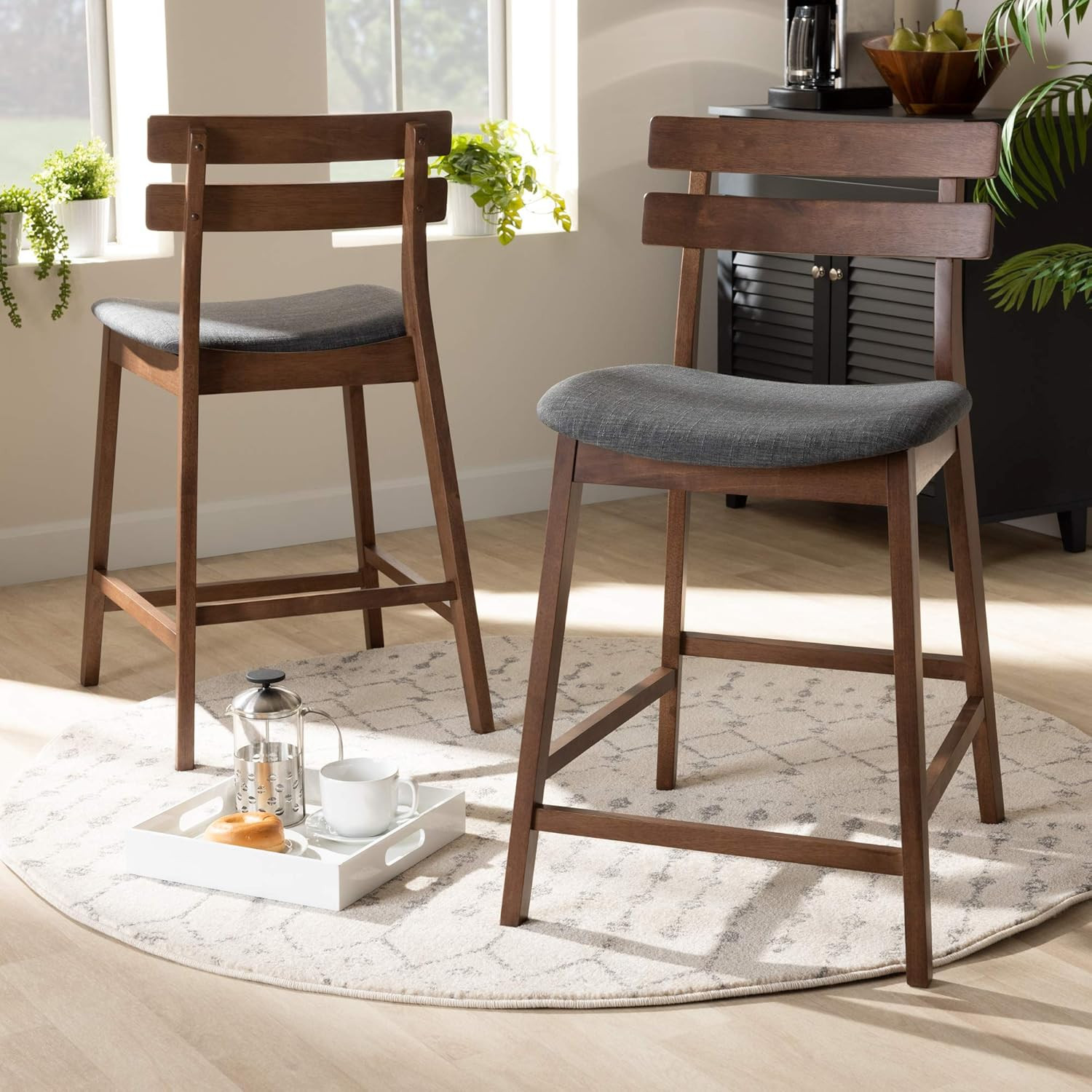 Modern Dark Grey Fabric Counter Stool Set with Walnut Finish - 2 Pieces