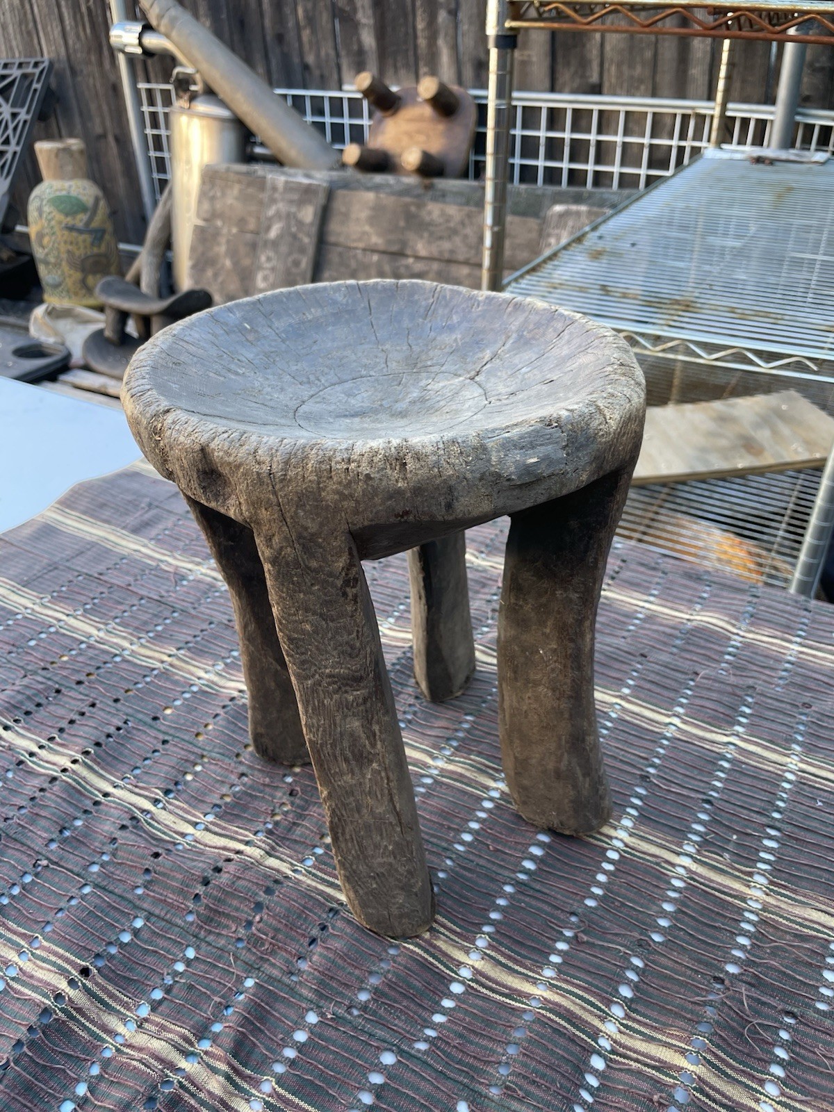 Hand-Carved Round Solid Wood 3-Leg Stool, Brown, Fully Assembled