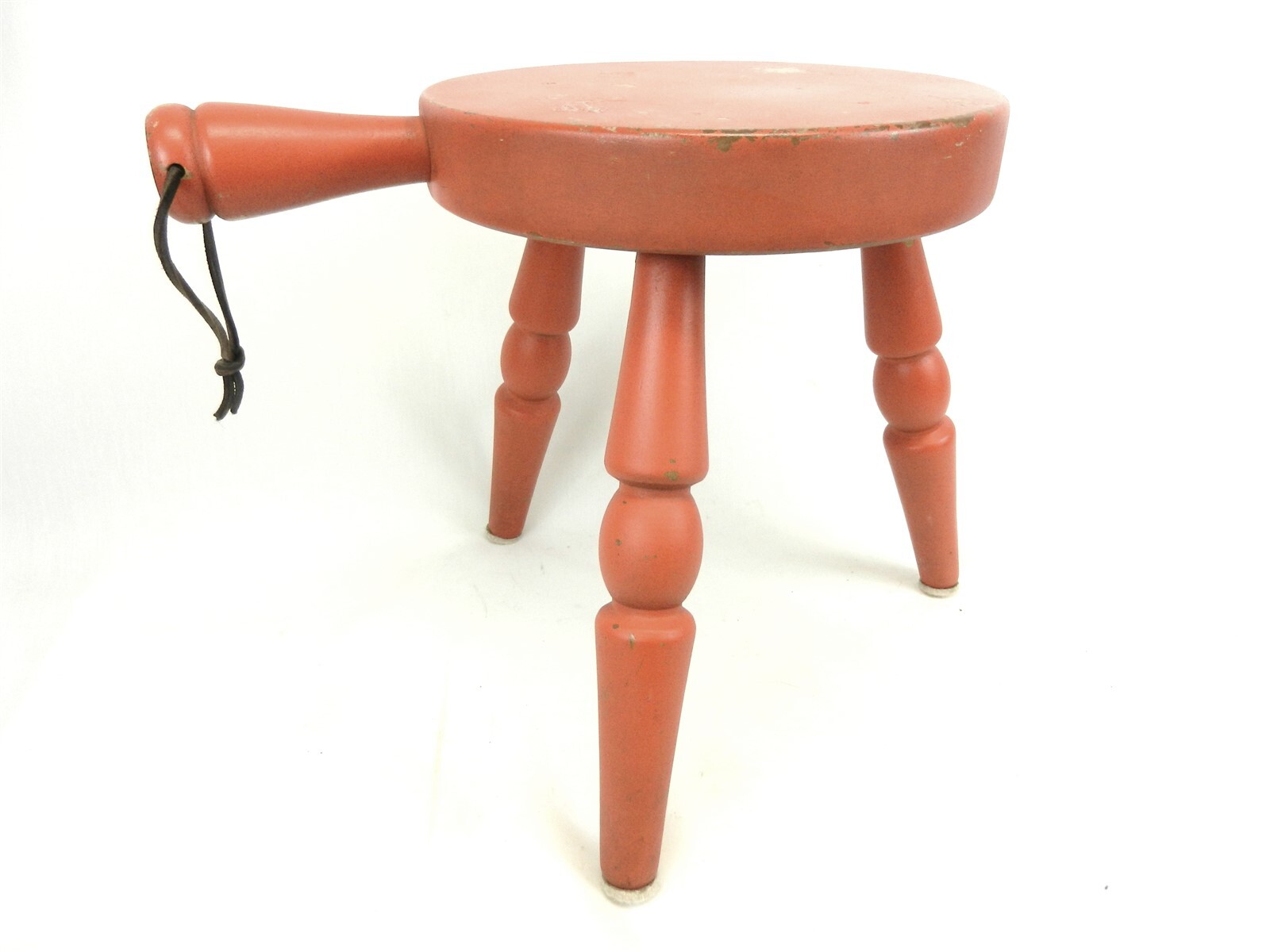 Vtg Authentic Furniture Wooden Milking Stool w/Handle Japan Orange Painted  T43