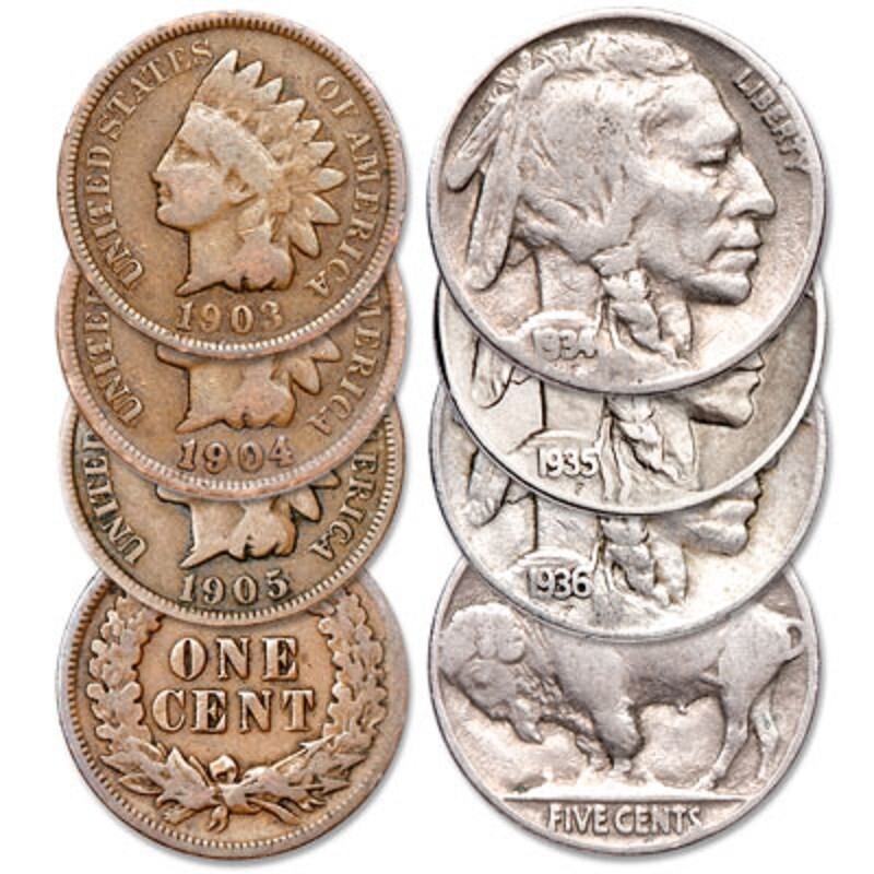 Lot of 6 Coins, 3 Indian Head Cents & 3 Buffalo Nickels Nice Collectors US Coins