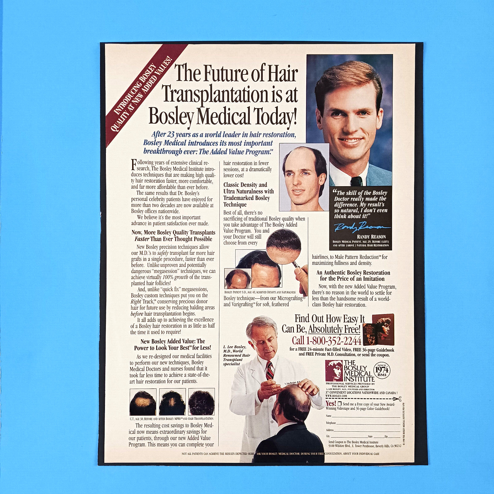 1998 The Bosley Medical Institute for Hair Transplantation Print Advertisement