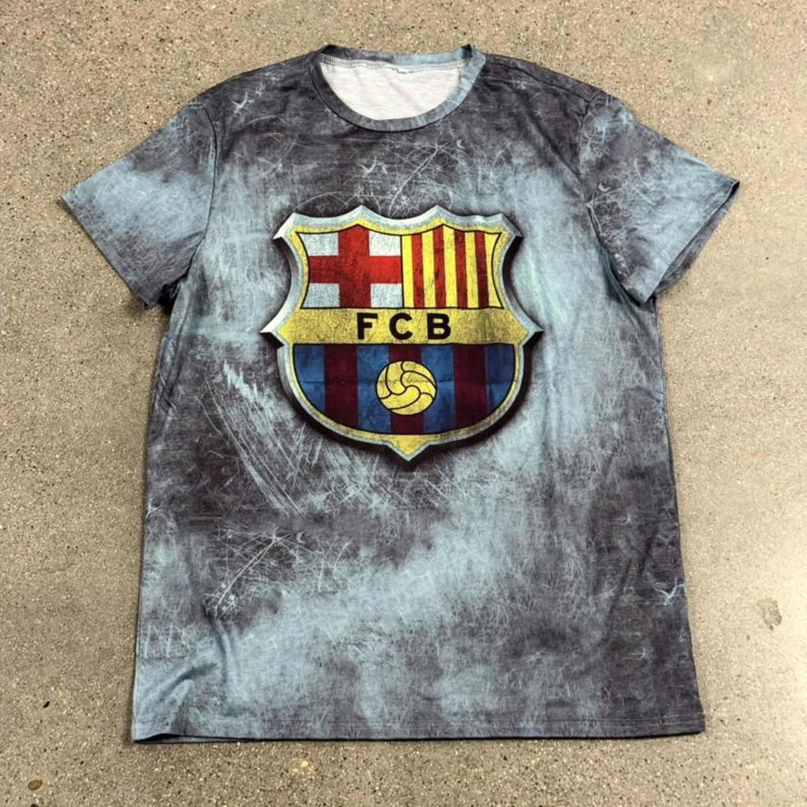 FC Barcelona Distressed Graphic T-Shirt AOP Jersey Dri-Fit Soccer Men's Sz M