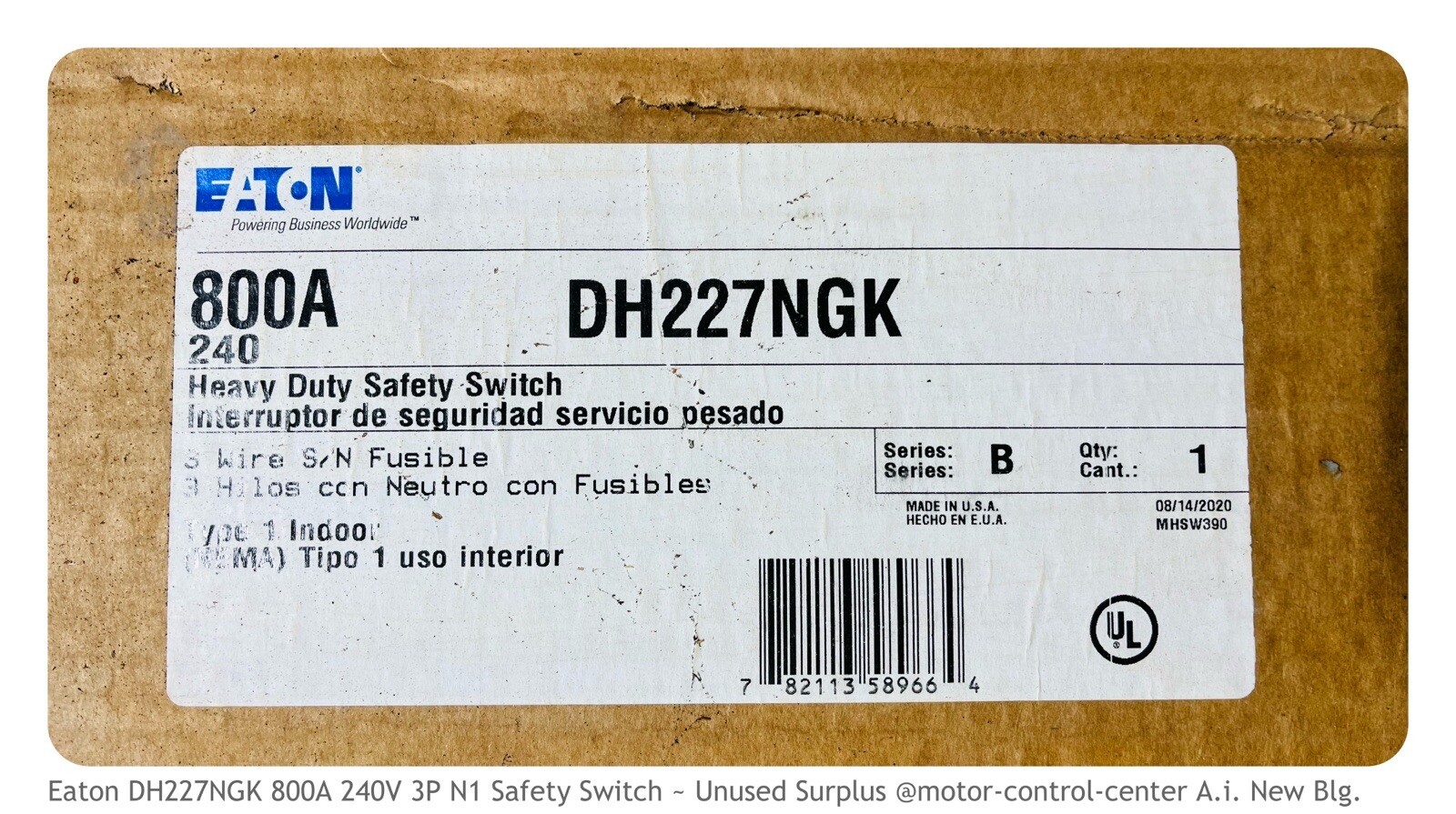 Eaton DH227NGK 800A/240V/2P-3W/NEMA 1/Fusible Heavy Duty Safety Switch Surplus