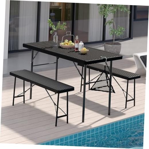 3 Piece Folding Picnic Table with 2 Benches, Card Table Set 3-Piece Black