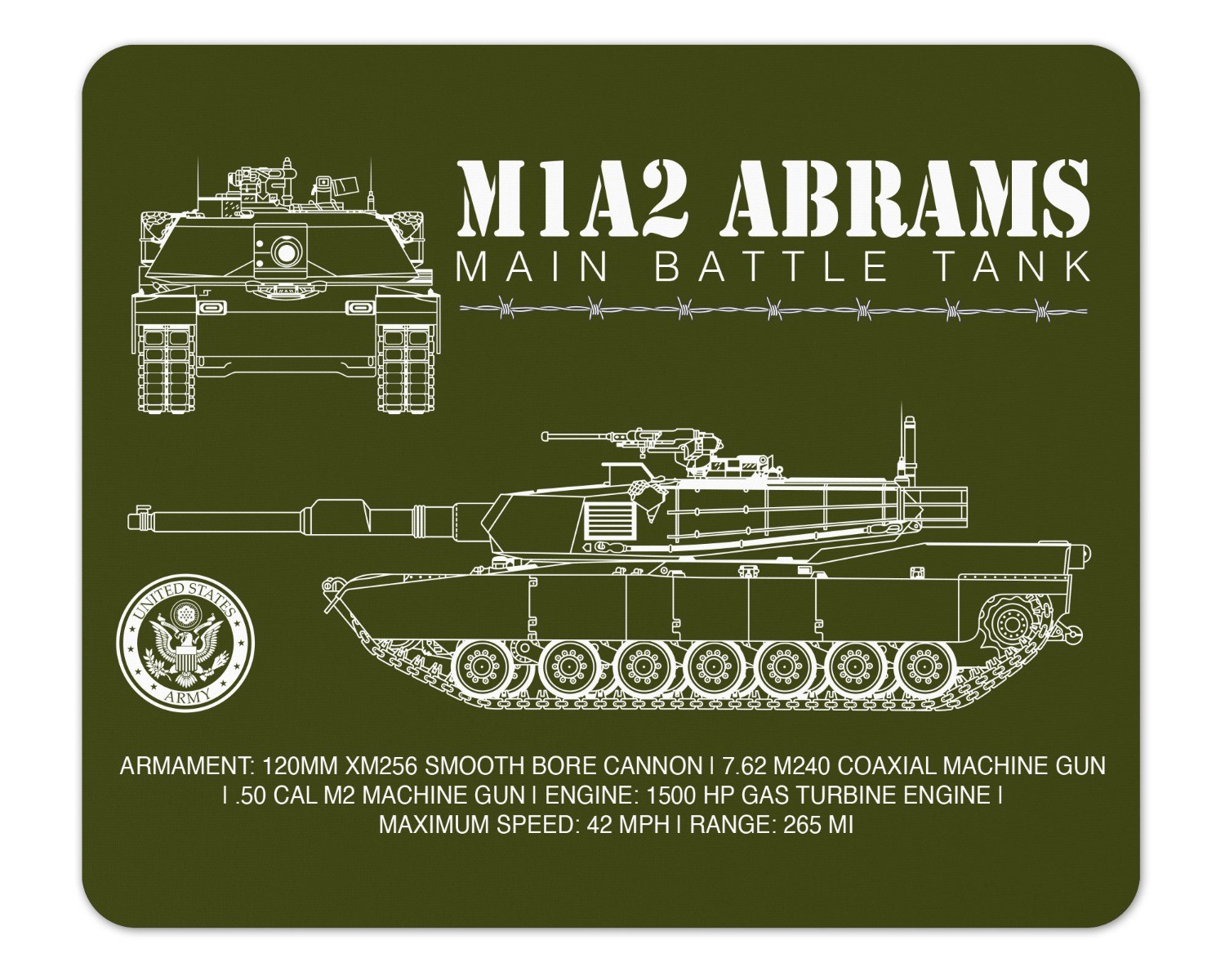 M1A2 Abrams Schematic Military Green Mouse Pad 1/8 Thick