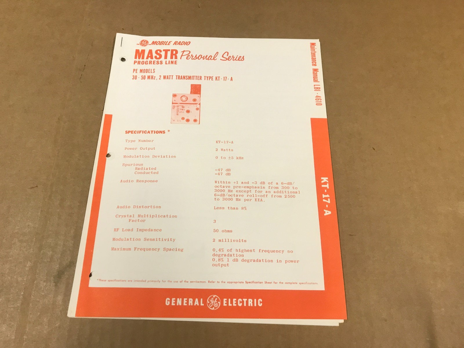 Vintage GE Personal Series Transmitter KT17A - Maintenance Manual - LBI-4610