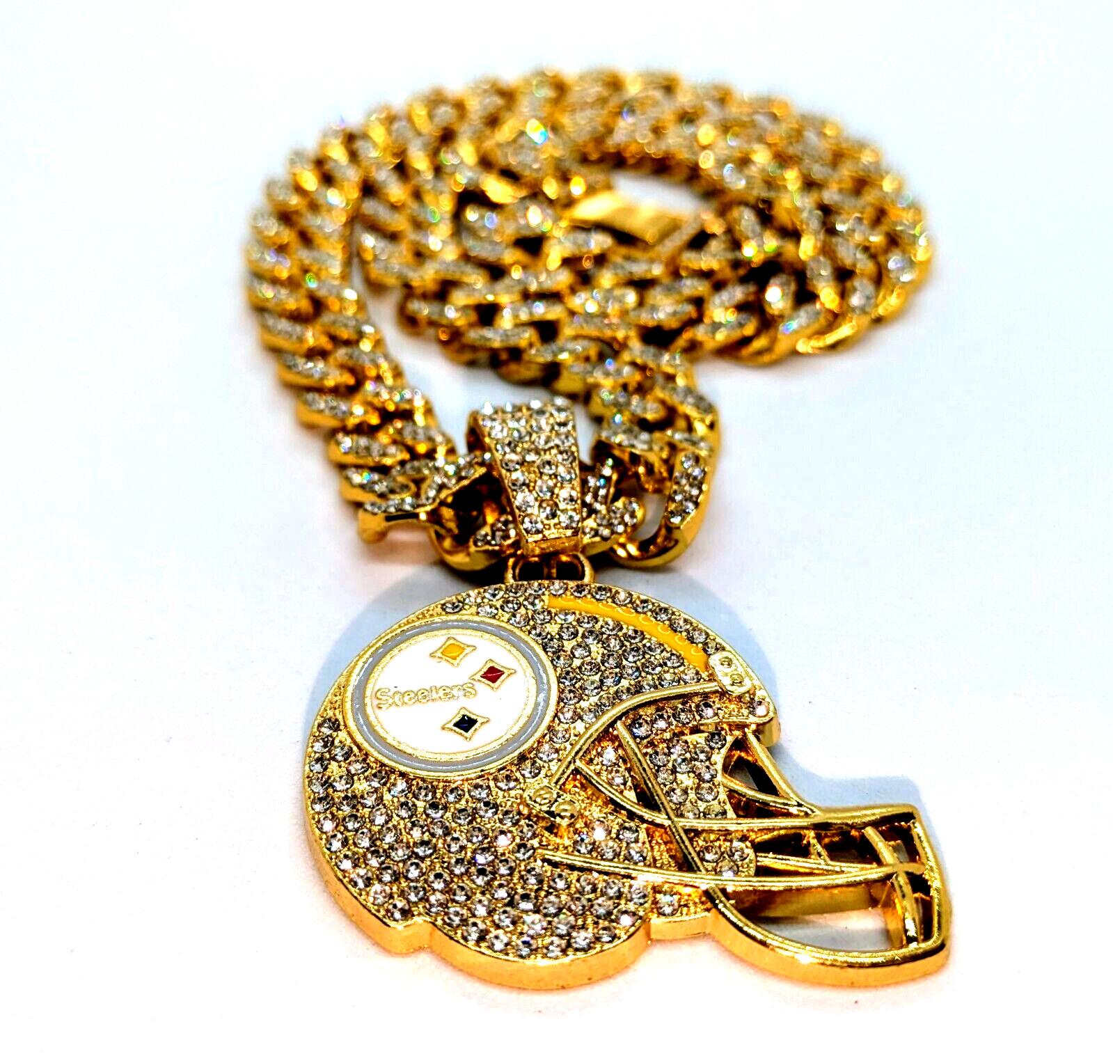 PITTSBURGH STEELERS HELMET GEM NECKLACE Gold Bling Hip Hop Pendant & 20" Chain