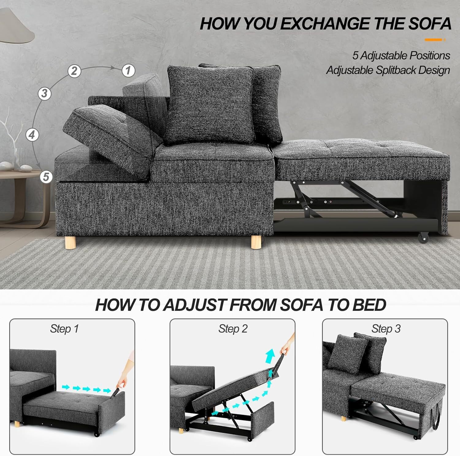 4-in 1 Folding Sleeper Chair Sofa Bed | 3-Seat Linen Fabric Love Seat Sofa Relax
